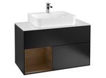Villeroy und Boch Finion Waschtischunterschrank F111GNPD 100cm, Abdeckplatte black matt, Regal links Walnut veneer, Black matt lacquer