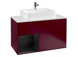 Villeroy und Boch Finion Waschtischunterschrank F111PDHB 100cm, Abdeckplatte Glas white matt, Regal links Black matt lacquer, Peony Matt