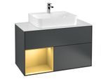 Villeroy und Boch Finion Waschtischunterschrank F111HFHG 100cm, Abdeckplatte black matt, Regal links Gold matt, Midnight Blue Matt Lacquer