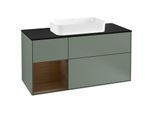 Villeroy und Boch Finion Waschtischunterschrank F292GNGM 120cm, Abdeckplatte black matt, Regal links Walnut veneer, Olive Matt Lacquer