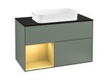 Villeroy und Boch Finion Waschtischunterschrank F242HFGM 100x60,3cm, Abdeckplatte black matt, Regal links Gold matt, Olive Matt Lacquer