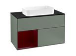 Villeroy und Boch Finion Waschtischunterschrank F242HBGM 100x60,3cm, Abdeckplatte black matt, Regal links Peony, Olive Matt Lacquer