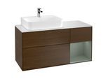 Villeroy und Boch Finion Waschtischunterschrank G151GMGN 120cm, Abdeckplatte white matt, Emotion, Regal links Olive Matt Lacquer, Walnut veneer