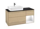 Villeroy und Boch Finion Waschtischunterschrank F152GFPC 120cm, Abdeckplatte black matt, Regal rechts Glossy white lacquer, Oak Veneer