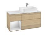 Villeroy und Boch Finion Waschtischunterschrank F141MTPC 120cm, Abdeckplatte glass white Matt, Regal links White matt lacquer, Oak Veneer