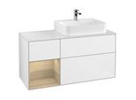 Villeroy und Boch Finion Waschtischunterschrank F141PCGF 120cm, Abdeckplatte glass white Matt, Regal links Oak Veneer, Glossy white lacquer
