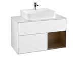 Villeroy und Boch Finion Waschtischunterschrank G121GNGF 100cm, Abdeckplatte white matt, Emotion, Regal rechts Walnut veneer, Glossy white lacquer