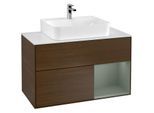 Villeroy und Boch Finion Waschtischunterschrank F121GMGN 100cm, Abdeckplatte weiß matt, Regal rechts Olive Matt Lacquer, Walnut veneer