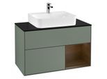Villeroy und Boch Finion Waschtischunterschrank F122GNGM 100cm, Abdeckplatte black matt, Regal rechts Walnut veneer, Olive Matt Lacquer