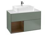 Villeroy und Boch Finion Waschtischunterschrank G111GNGM 100cm, Abdeckplatte white matt, Emotion, Regal links Walnut veneer, Olive Matt Lacquer