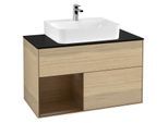 Villeroy und Boch Finion Waschtischunterschrank G112GNPC 100cm, Abdeckplatte black matt, Emotion, Regal links Walnut veneer, Oak Veneer