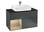 Villeroy und Boch Finion Waschtischunterschrank G112PCHG 100cm, Abdeckplatte black matt, Emotion, Regal links Oak Veneer, Midnight Blue Matt Lacquer