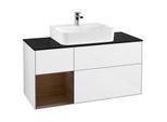Villeroy und Boch Finion Waschtischunterschrank F162GNGF 120cm, Abdeckplatte black matt, Regal links Walnut veneer, Glossy white lacquer