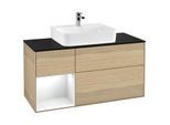Villeroy und Boch Finion Waschtischunterschrank F162GFPC 120cm, Abdeckplatte black matt, Regal links Glossy white lacquer, Oak Veneer