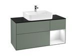 Villeroy und Boch Finion Waschtischunterschrank F172GFGM 120cm, Abdeckplatte black matt, Regal rechts Glossy white lacquer, Olive Matt Lacquer