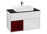 Villeroy und Boch Finion Waschtischunterschrank F362HBMT 100cm, Abdeckplatte black matt, Regal links Peony, White matt lacquer