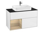 Villeroy und Boch Finion Waschtischunterschrank F362PCGF 100cm, Abdeckplatte black matt, Regal links Oak Veneer, Glossy white lacquer