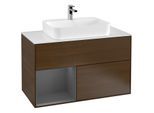 Villeroy und Boch Finion Waschtischunterschrank F361GKGN 100cm, Abdeckplatte white matt, Regal links Anthracite matt, Walnut veneer