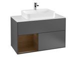 Villeroy und Boch Finion Waschtischunterschrank F361GNGK 100cm, Abdeckplatte white matt, Regal links Walnut veneer, Anthracite matt