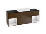 Villeroy und Boch Finion Waschtischunterschrank G332MTGN 160cm, Abdeckplatte black matt, Emotion, Regale White matt lacquer, Walnut veneer