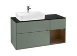 Villeroy und Boch Finion Waschtischunterschrank G402GNGM 120cm, Abdeckplatte black matt, Emotion, Regal rechts Walnut veneer, Olive Matt Lacquer