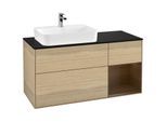 Villeroy und Boch Finion Waschtischunterschrank G402GNPC 120cm, Abdeckplatte black matt, Emotion, Regal rechts Walnut veneer, Oak Veneer