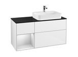 Villeroy und Boch Finion Waschtischunterschrank G392MTGF 120cm, Abdeckplatte black matt, Emotion, Regal links White matt lacquer, Glossy white lacquer