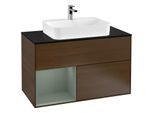 Villeroy und Boch Finion Waschtischunterschrank G362GMGN 100cm, Abdeckplatte black matt, Emotion, Regal links Olive Matt Lacquer, Walnut veneer