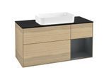 Villeroy und Boch Finion Waschtischunterschrank F302HGPC 120cm, Abdeckplatte black matt, Regal rechts Midnight Blue Matt Lacquer, Oak Veneer