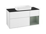 Villeroy und Boch Finion Waschtischunterschrank F302GMGF 120cm, Abdeckplatte black matt, Regal rechts Olive Matt Lacquer, Glossy white lacquer