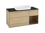Villeroy und Boch Finion Waschtischunterschrank F302GNPC 120cm, Abdeckplatte black matt, Regal rechts Walnut veneer, Oak Veneer