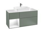 Villeroy und Boch Finion Waschtischunterschrank G411GFGM 120cm, Abdeckplatte white matt, Emotion, Regal links Glossy white lacquer, Olive Matt Lacquer