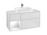 Villeroy und Boch Finion Waschtischunterschrank F411GFMT 120cm, Abdeckplatte white matt, Regal links Glossy white lacquer, White matt lacquer