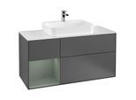 Villeroy und Boch Finion Waschtischunterschrank F411GMGK 120cm, Abdeckplatte white matt, Regal links Olive Matt Lacquer, Anthracite matt