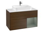 Villeroy und Boch Finion Waschtischunterschrank G371GMGN 100cm, Abdeckplatte white matt, Emotion, Regal rechts Olive Matt Lacquer, Walnut veneer