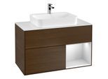 Villeroy und Boch Finion Waschtischunterschrank F371MTGN 100cm, Abdeckplatte white matt, Regal rechts White matt lacquer, Walnut veneer