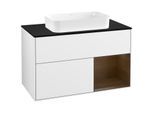 Villeroy und Boch Finion Waschtischunterschrank F252GNGF 100x60,3cm, Abdeckplatte black matt, Regal rechts Walnut veneer, Glossy white lacquer