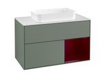Villeroy und Boch Finion Waschtischunterschrank G251HBGM 100cm, Abdeckplatte white matt, Emotion, Regal rechts Peony, Olive Matt Lacquer