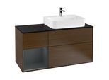 Villeroy und Boch Finion Waschtischunterschrank F142HGGN 120cm, Abdeckplatte Glass Black Matt, Regal links Midnight Blue Matt Lacquer, Walnut veneer