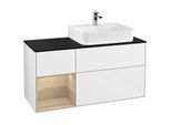 Villeroy und Boch Finion Waschtischunterschrank F142PCGF 120cm, Abdeckplatte Glass Black Matt, Regal links Oak Veneer, Glossy white lacquer