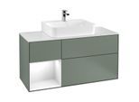 Villeroy und Boch Finion Waschtischunterschrank F161GFGM 120cm, Abdeckplatte white matt, Regal links Glossy white lacquer, Olive Matt Lacquer