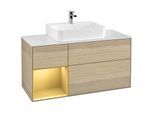 Villeroy und Boch Finion Waschtischunterschrank F161HFPC 120cm, Abdeckplatte white matt, Regal links Gold matt, Oak Veneer