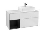 Villeroy und Boch Finion Waschtischunterschrank F141PDMT 120cm, Abdeckplatte glass white Matt, Regal links Black matt lacquer, White matt lacquer
