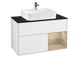 Villeroy und Boch Finion Waschtischunterschrank G122PCGF 100cm, Abdeckplatte black matt, Emotion, Regal rechts Oak Veneer, Glossy white lacquer