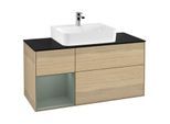 Villeroy und Boch Finion Waschtischunterschrank G162GMPC 120cm, Abdeckplatte black matt, Emotion, Regal links Olive Matt Lacquer, Oak Veneer
