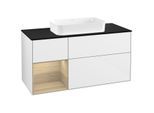 Villeroy und Boch Finion Waschtischunterschrank F292PCGF 120cm, Abdeckplatte black matt, Regal links Oak Veneer, Glossy white lacquer
