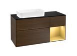 Villeroy und Boch Finion Waschtischunterschrank F282HFGN 120cm, Abdeckplatte black matt, Regal rechts Gold matt, Walnut veneer