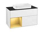 Villeroy und Boch Finion Waschtischunterschrank F242HFGF 100x60,3cm, Abdeckplatte black matt, Regal links Gold matt, Glossy white lacquer