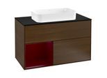 Villeroy und Boch Finion Waschtischunterschrank F242HBGN 100x60,3cm, Abdeckplatte black matt, Regal links Peony, Walnut veneer