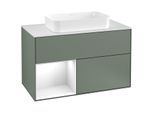 Villeroy und Boch Finion Waschtischunterschrank G241GFGM 100cm, Abdeckplatte white matt, Emotion, Regal links Glossy white lacquer, Olive Matt Lacquer